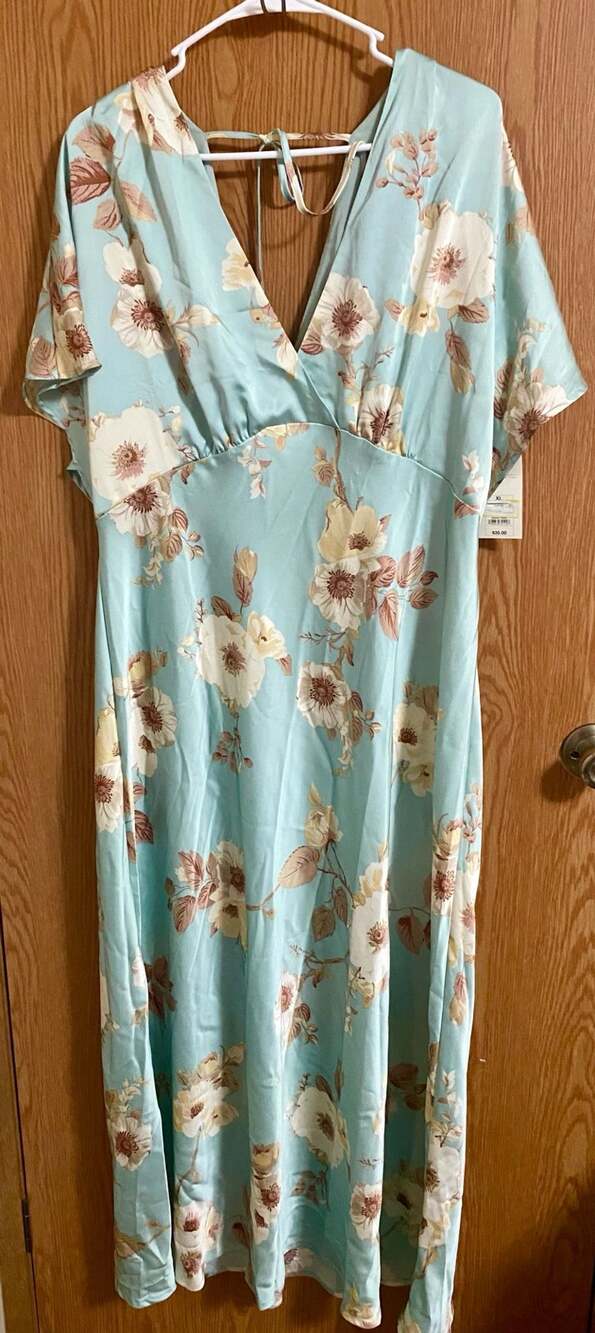 A New Day Satin Floral Maxi Dress Size XL Mint Green Tie Back